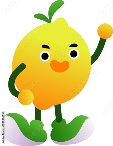 Cheerful minimalist cartoon character with green limbs black eyes orange mouth waving hello.