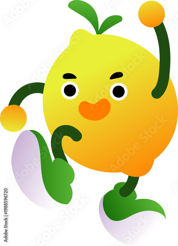 Whimsical minimalist cartoon character with black dot eyes orange nose and expressive green line body.