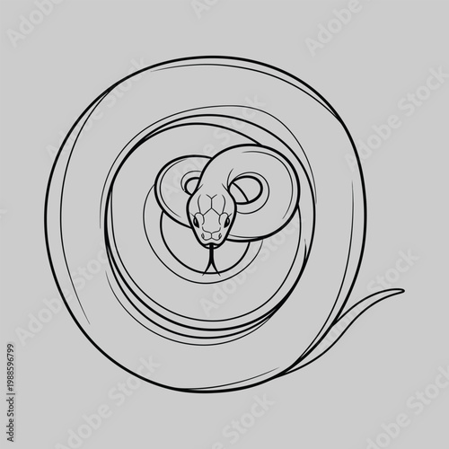 A black and white line drawing of a snake curled up in a circle on a gray background