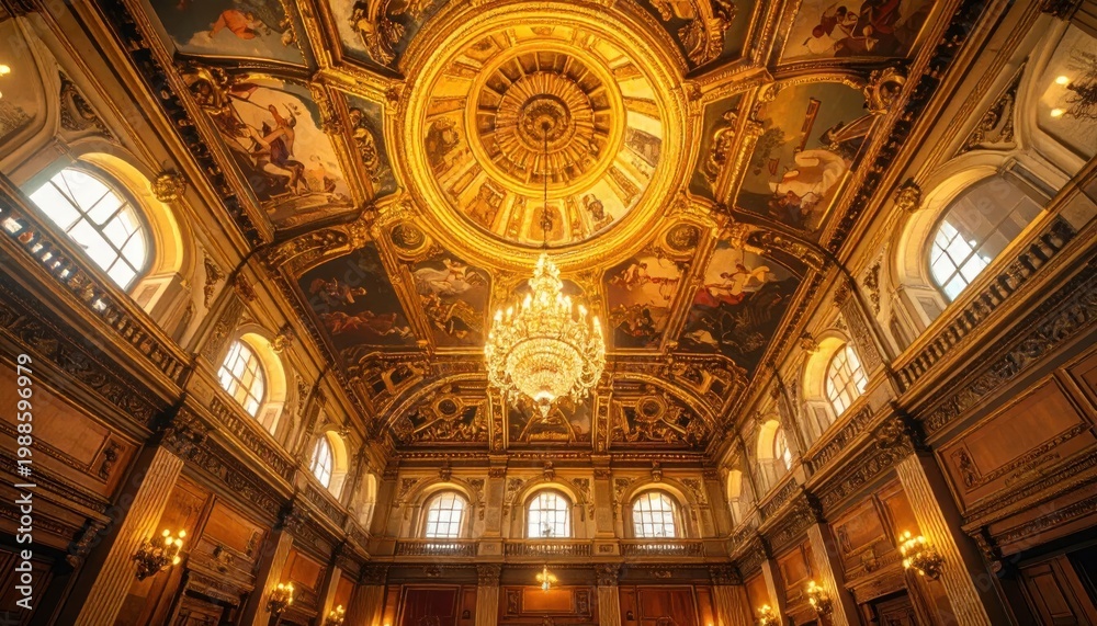 Obraz premium Grand Ballroom Interior with Ornate Ceiling and Chandelier.