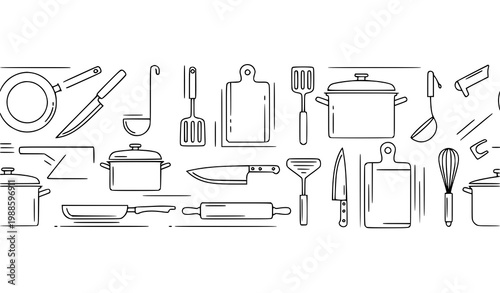 Minimal kitchenware seamless border cooking utensils line art black and white vector illustration
