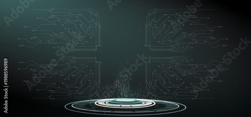 Digital platform emits particles in a dark environment with circuit board patterns glowing circle