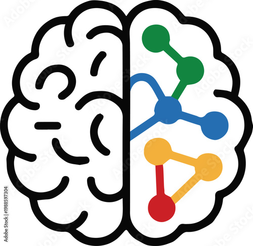 brain hemisphere illustration left analytic right colorful nodes