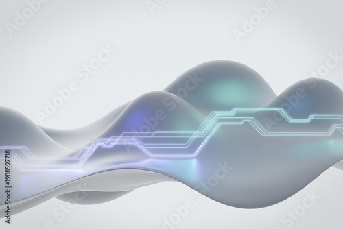 Futuristic digital data flow across a shimmering fluid surface with glowing circuit patterns