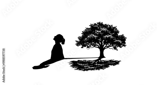 a black silhouette of a woman sitting next to a tree.
