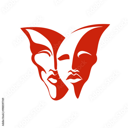 Theatrical masks symbolize dual emotions in a dramatic illustration.