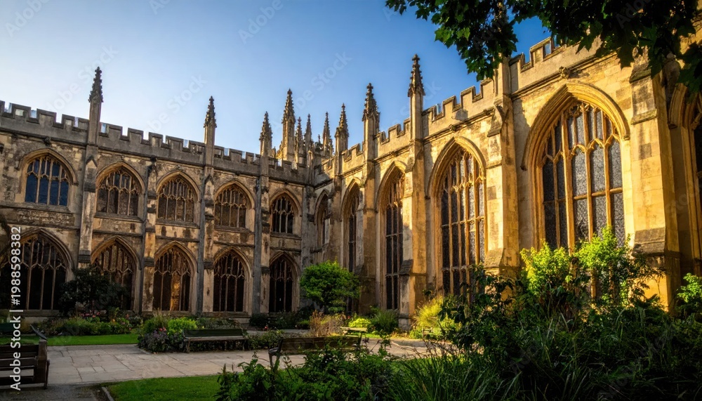 Obraz premium Historic Gothic Architecture Courtyard with Lush Greenery and Sunlight.