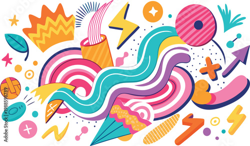 Colorful abstract doodle art with swirls shapes and playful elements