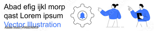 Communication, teamwork, notifications, organization, app development, settings. Gear icon with bell and two figures pointing or holding a tablet. Communication and teamwork concepts