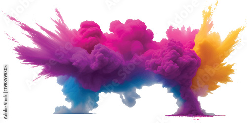 Colorful powder explosion vibrant Holi festival celebration isolated on white background