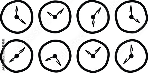 Hand Drawn Clock Face Icons Showing Different Times illustration