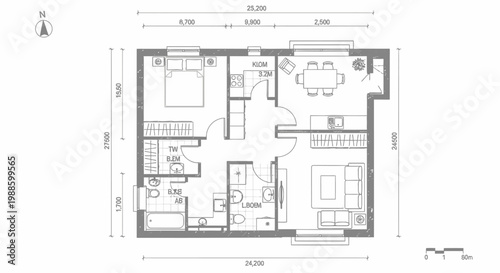 Architectural blueprint of a modern house design showing a technical floor plan sketch and detailed home construction project engineering on paper
