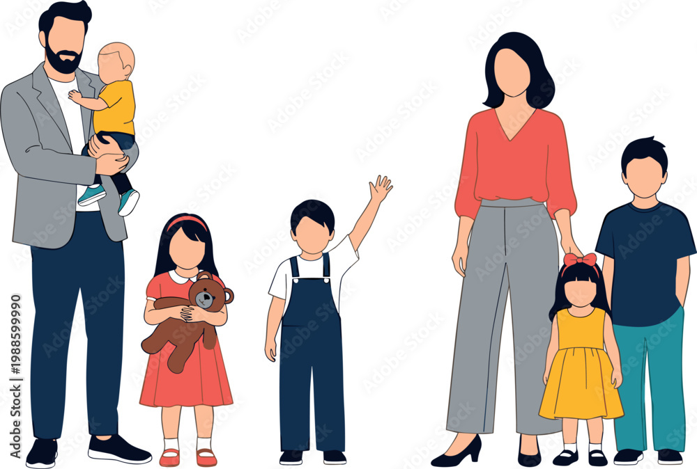 Obraz premium Family Illustration Featuring Parents, Children, Baby, and Dog for Family, Parenting, and Lifestyle Designs