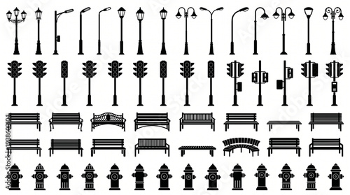 Large collection of urban street furniture silhouette icons includes vintage lampposts, traffic lights, park benches, and fire hydrants for city maps.