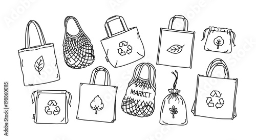 A set of eco-friendly reusable bags with various designs and logos for sustainable shopping