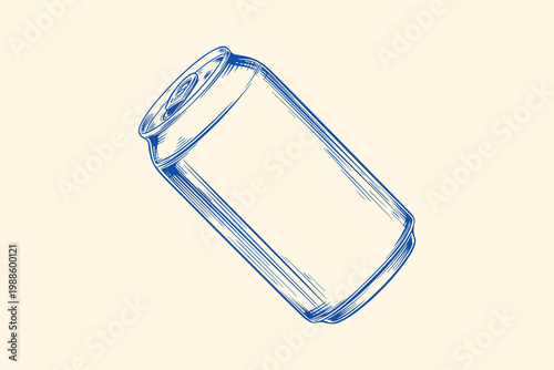 Blank aluminum beverage can vintage style blue ink engraving illustration for product mockup