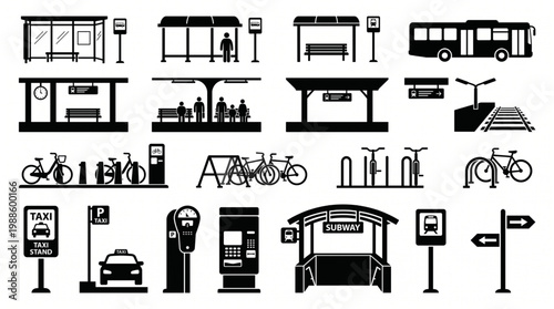 Collection of public transport and urban infrastructure icons featuring bus stops, train stations, bicycles, taxis, subway entrance, and street signs.