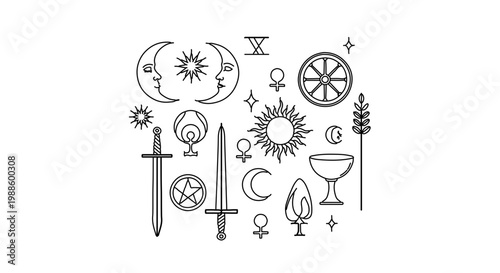 A minimalist vector graphic illustration of various mystical and astrological symbols on a white background