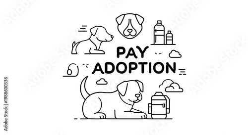 A vector graphic illustration of a dog adoption concept with a simple line art design
