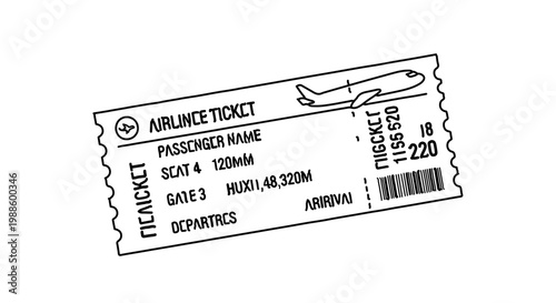A vector graphic illustration of an airplane ticket with a barcode and passenger information