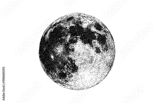 Detailed full moon surface, realistic black and white etching on transparent background
