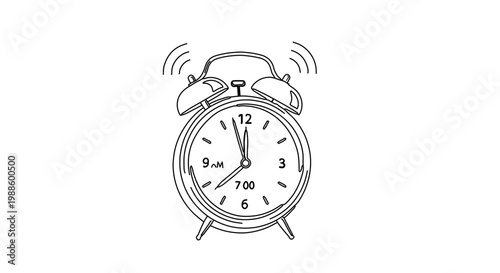A minimalist vector illustration of an alarm clock ringing loudly on a plain background