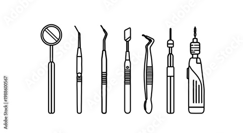 A set of dental tools illustrated in a flat, minimalist style