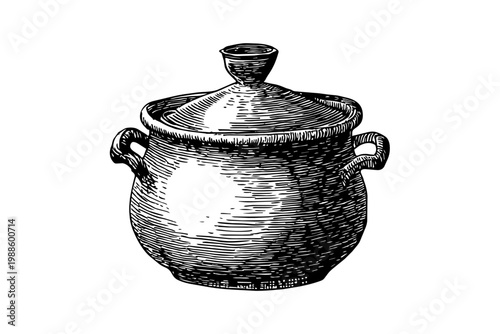 Ceramic cooking pot illustration in rustic hand drawn woodcut style with lid