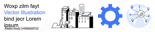 Urban sustainability, smart city planning, renewable energy, industry, technology connections, eco infrastructure. Cityscape with solar panels, gear symbol interconnected nodes. Smart city planning