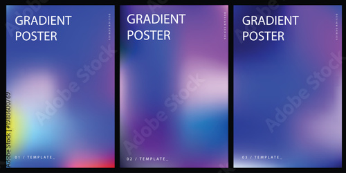 Set of three modern abstract gradient posters with vibrant blue, purple, and yellow color transitions and minimalist typography