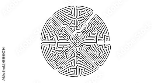 A circular maze illustration with intricate paths and a complex design