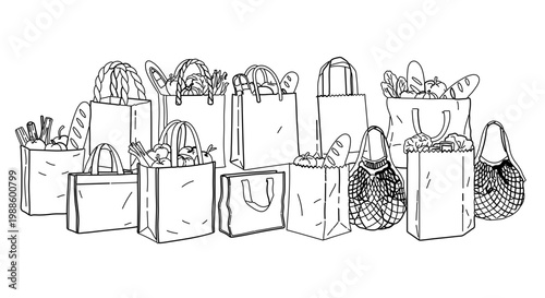 A collection of various shopping bags and gift bags in a simple line art style