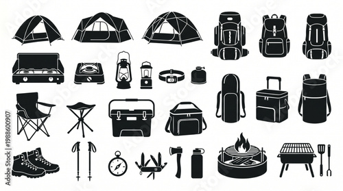 Collection of camping and hiking equipment silhouettes icons including tents backpacks stoves lanterns chairs boots and outdoor survival gear elements