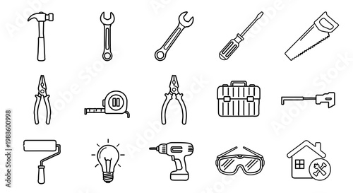 A set of line art icons depicting various tools and equipment for home improvement and construction