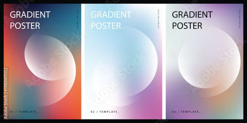 Set of three modern gradient posters with abstract circular shapes and soft blurred color transitions for creative design templates
