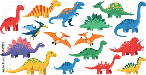 Colorful Cartoon Dinosaur Collection Featuring T-Rex, Pterodactyl, Stegosaurus, Triceratops, and More for Kids, Fun, and Educational Designs