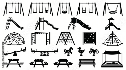 Diverse set of black playground equipment icons including swings, slides, climbing frames, seesaws, spring riders, and benches for park design bundle.