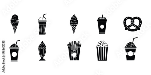 Black silhouette icons of summer treats and snacks