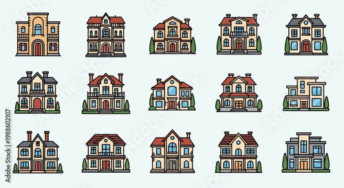 Set of Flat Vector Icons Featuring Various Residential Houses and Mansions