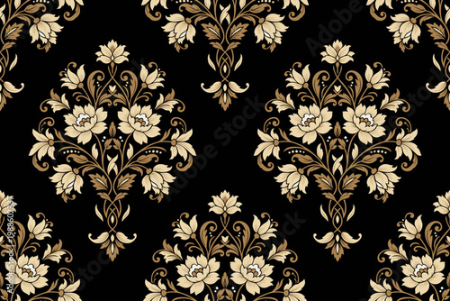 Seamless damask floral pattern vintage luxury ornament elegant classic baroque wallpaper textile background repeating decorative motif black gold style.