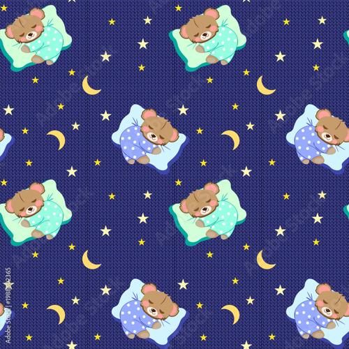 Cute seamless vector pattern with sleeping teddy bears in polka-dot pajamas on pillows