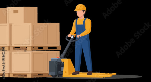 Warehouse Worker Operating Electric Pallet Jack with Cardboard Boxes