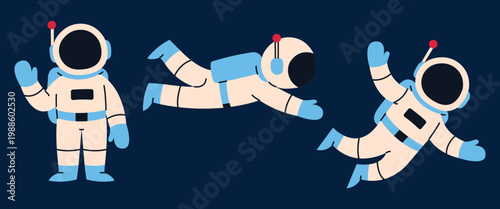 Set of three astronauts in different poses, standing and floating in space. Space exploration concept. Flat vector illustration.