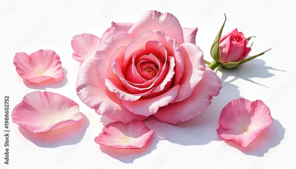 Fototapeta premium Pink rose bud and petals arranged on white surface. Delicate floral illustration for romantic themes. Soft bloom elements create elegant beauty.