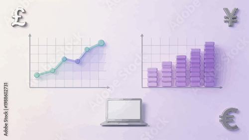 Financial growth charts and currency symbols