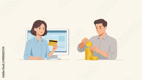 Two people handling money and a computer