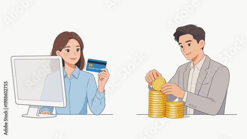 Businessman and woman handling money and card