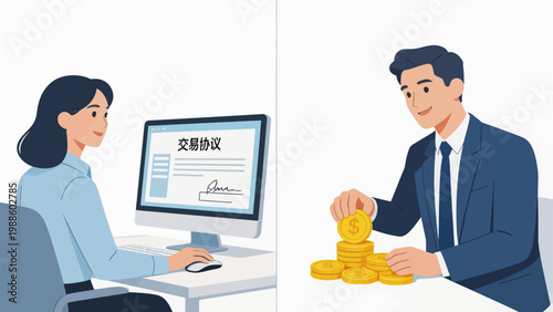 Business deal with digital contract and money