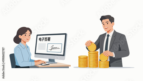 Businessman stacking coins woman using computer