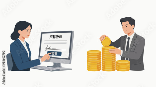 Business deal with digital contract and coins